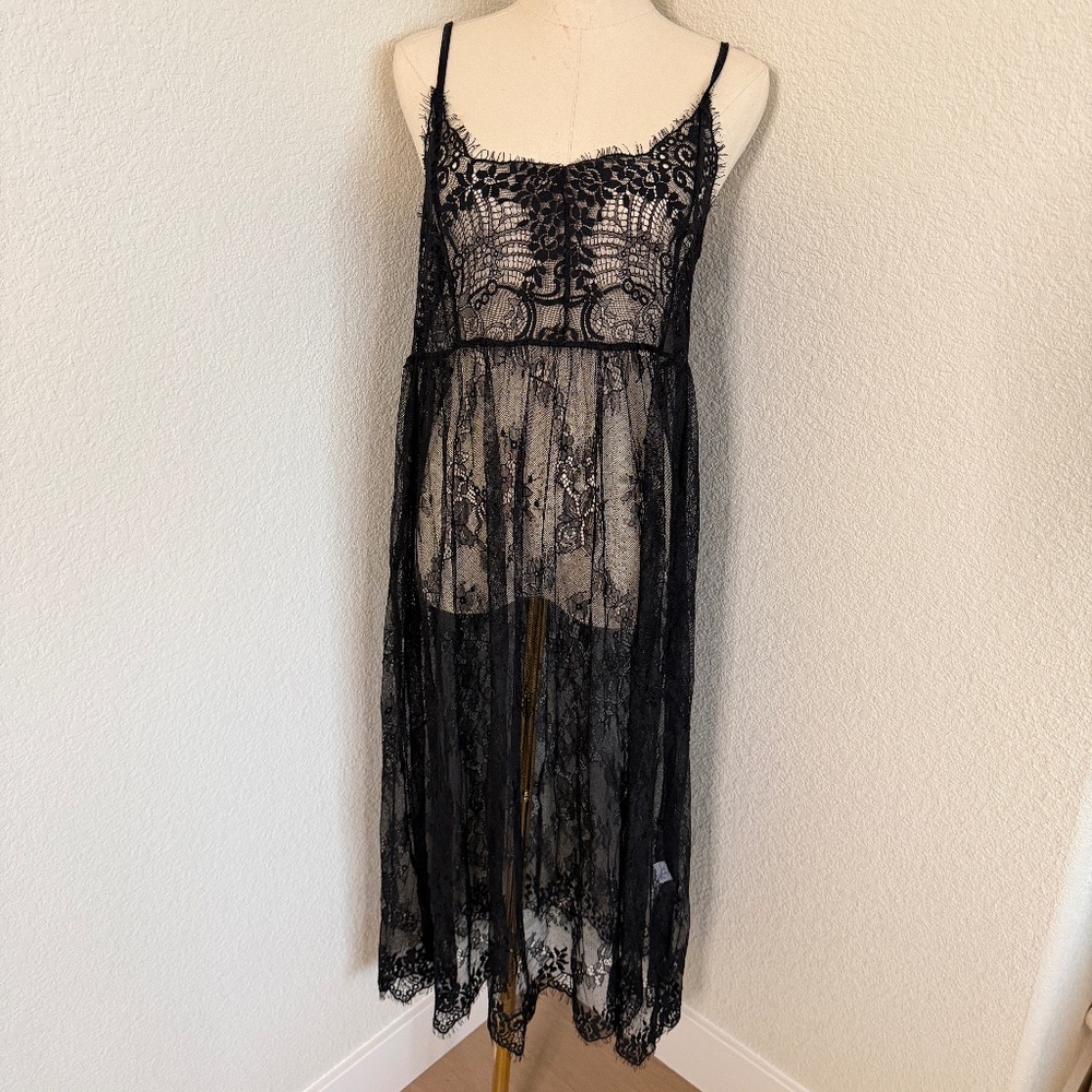 Black Sheer Lace Midi Dress | Eyelash Lace Spaghetti Strap Overlay